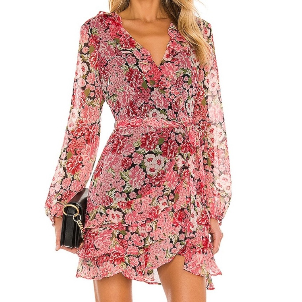 BARDOT. Triple frill Wrap Dress in pink gardenia. Size 8.